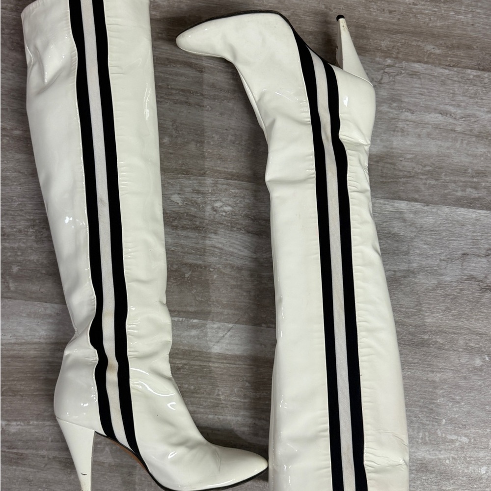 White and Black Heeled Boots with Sporty Stripes